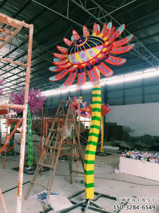 花朵雕塑廠家，彩繪植物擺件，玻璃鋼花朵雕塑小品