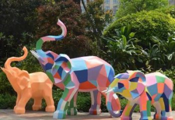 彩繪大象雕塑選用，小區(qū)擺件，大型幾何大象雕塑公司