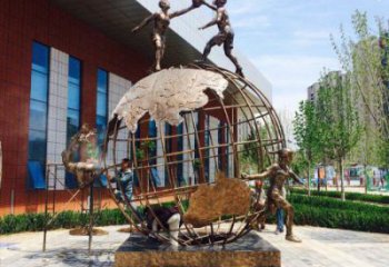 雙陽地球儀雕塑選定，拉絲工藝，地球儀人物雕塑預定