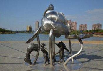 平羅蓮蓬嬉戲雕塑，城市植物景觀雕塑，不銹鋼鏡面效果