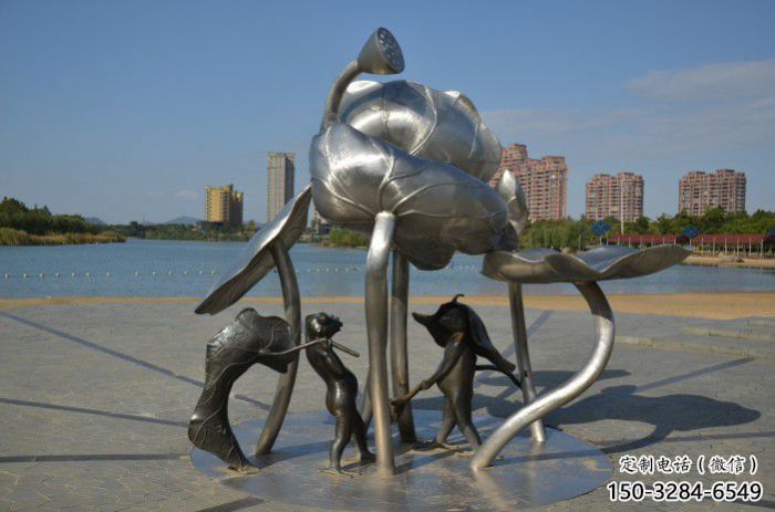 衢州蓮蓬嬉戲雕塑，城市植物景觀雕塑，不銹鋼鏡面效果